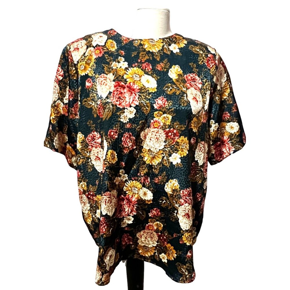 Vintage Shiny Floral Blouse by Notations Sz 16 Plus Womens Shirt Green Short Sle